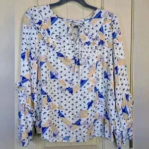 Sonoma Women’s Long Sleeve Geometric Print Tie Neck Ruffled Blouse Med